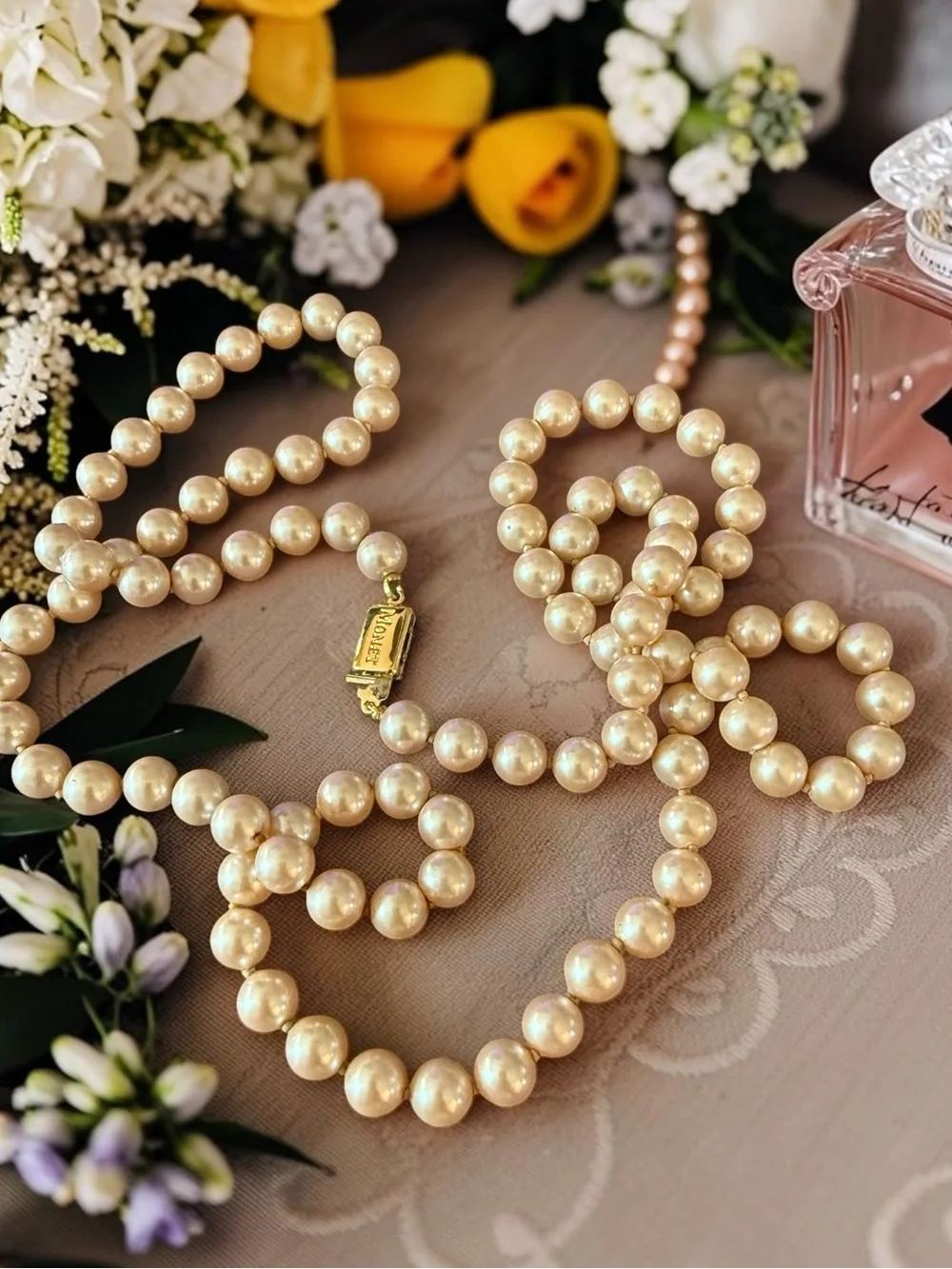 Vintage Monet 34” Faux Pearl Necklace Signed Gold Tone Clasp